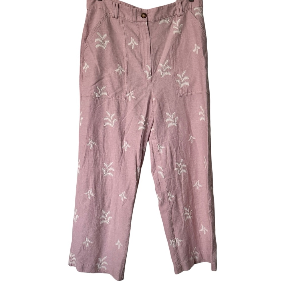 Zara Pink Wide-Leg Pants with White Embroidered Motif